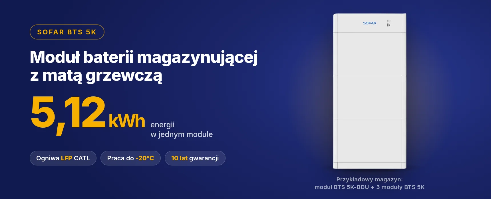 Przykładowy magazyn SOFAR BTS 5K: moduł sterujący BTS 5K-BDU + 3 moduły BTS 5K (oferta obejmuje jeden moduł BTS 5K)