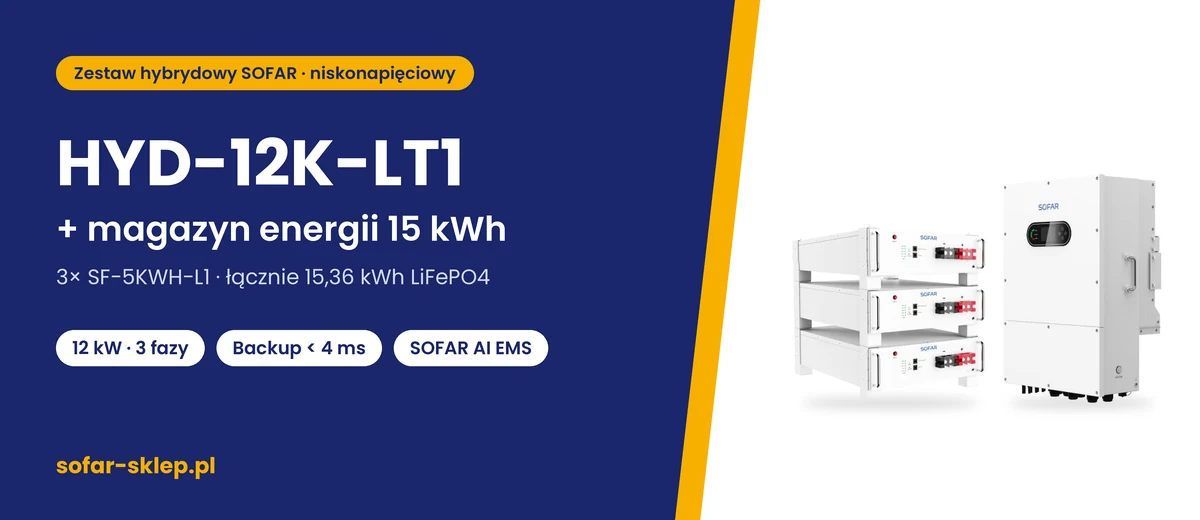 Zestaw SOFAR HYD-12K-LT1 + magazyn energii 15 kWh – falownik SOFAR HYD-12K-LT1 i 3 moduły SF-5KWH-L1 (15,36 kWh)