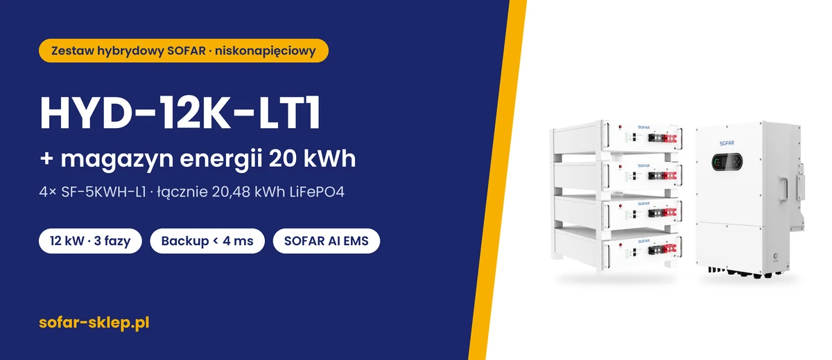 Zestaw SOFAR HYD-12K-LT1 + magazyn energii 20 kWh – falownik SOFAR HYD-12K-LT1 i 4 moduły SF-5KWH-L1 (20,48 kWh)
