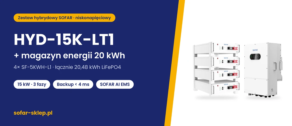 Zestaw SOFAR HYD-15K-LT1 + magazyn energii 20 kWh – falownik SOFAR HYD-15K-LT1 i 4 moduły SF-5KWH-L1 (20,48 kWh)