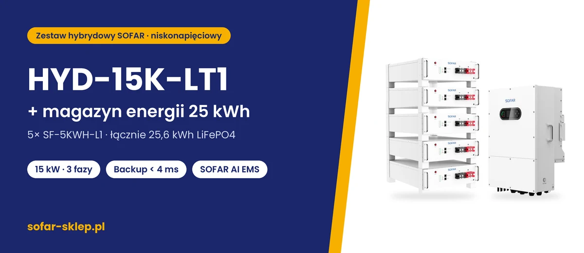 Zestaw SOFAR HYD-15K-LT1 + magazyn energii 25 kWh – falownik SOFAR HYD-15K-LT1 i 5 modułów SF-5KWH-L1 (25,6 kWh)