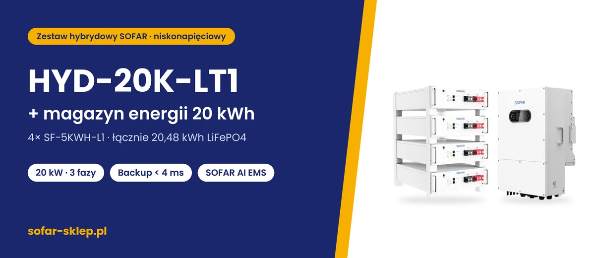 Zestaw SOFAR HYD-20K-LT1 + magazyn energii 20 kWh – falownik SOFAR HYD-20K-LT1 i 4 moduły SF-5KWH-L1 (20,48 kWh)