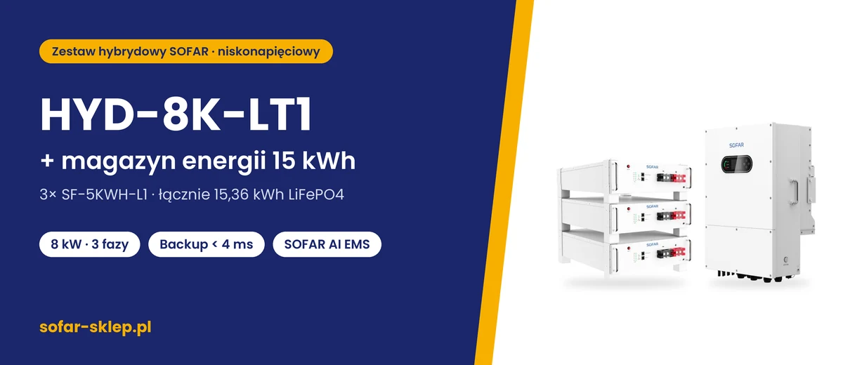 Zestaw SOFAR HYD-8K-LT1 + magazyn energii 15 kWh – falownik SOFAR HYD-8K-LT1 i 3 moduły SF-5KWH-L1 (15,36 kWh)