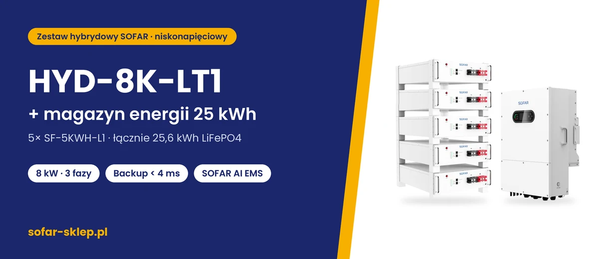 Zestaw SOFAR HYD-8K-LT1 + magazyn energii 25 kWh – falownik SOFAR HYD-8K-LT1 i 5 modułów SF-5KWH-L1 (25,6 kWh)